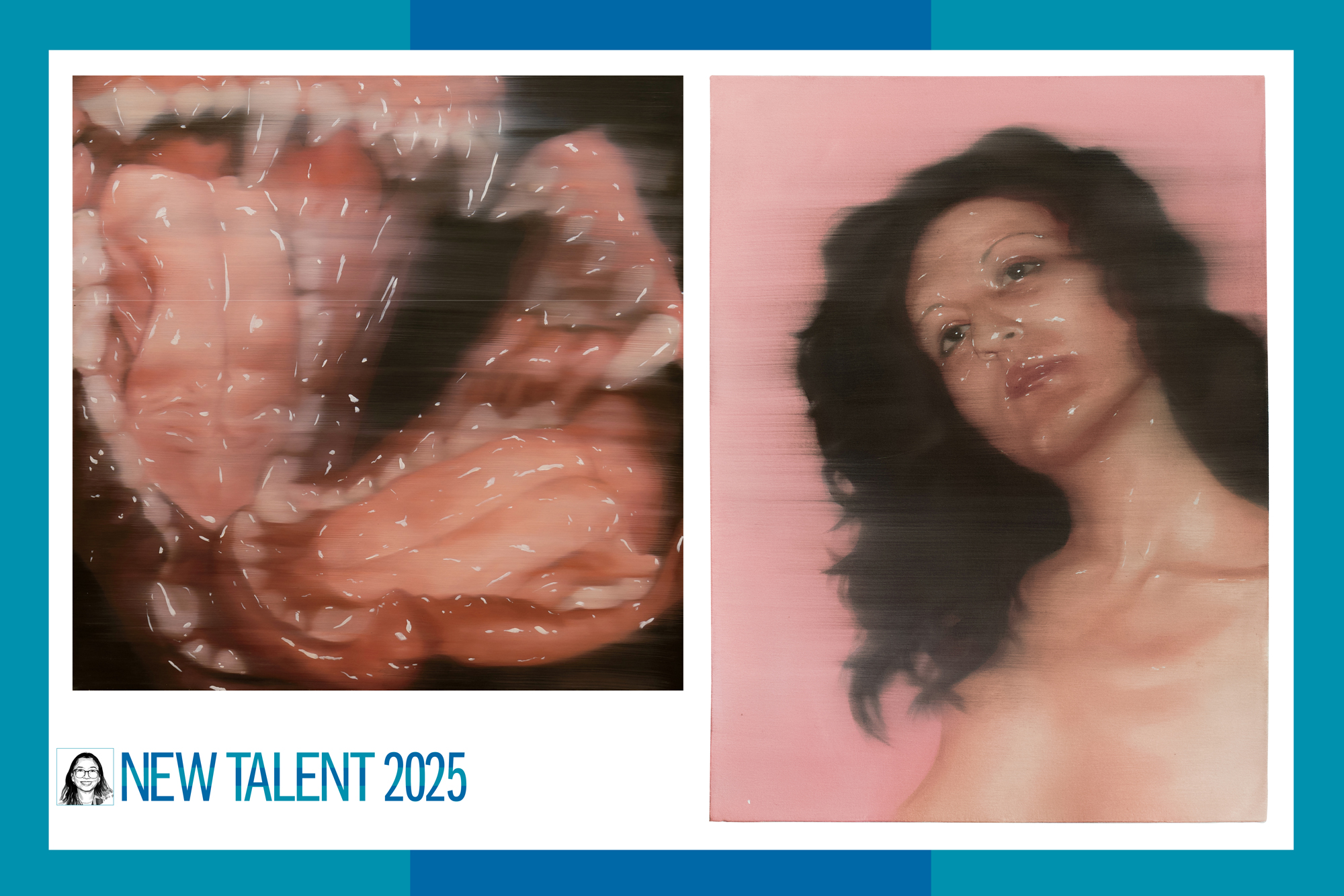 Two paintings in a blue frame. Left is a pair of slobbery fanged dog mouths. Right is a woman with big hair and shiny skin against a pink background.