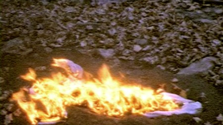 An abstract picture of flames engulfing a white sheet.