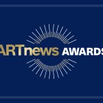 A logo that reads 'ARTnews AWARDS'. The ARTnews is in gold and AWARDS in white with a burst on top and bottom of the logo. It is set on a navy background with a border.