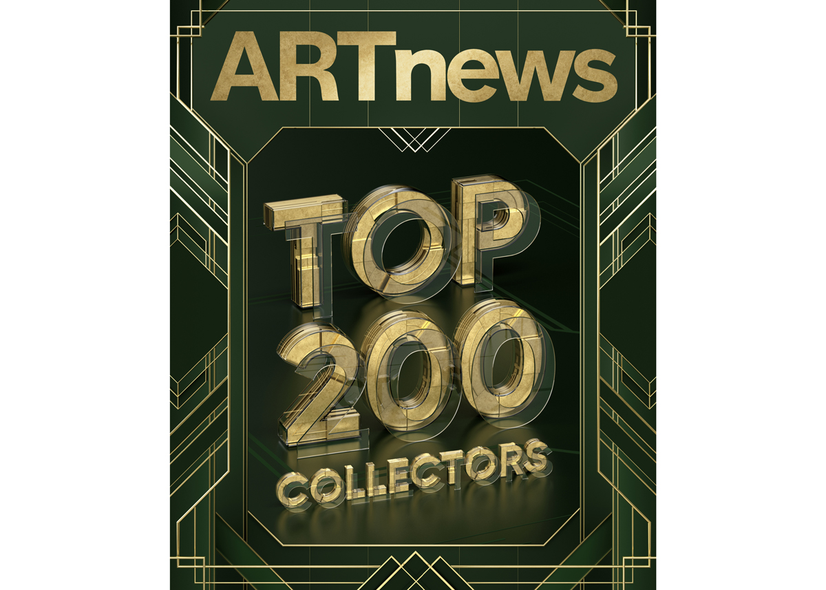 A magazine cover that is mostly green with text in gold, reading ARTnews and then in a frame Top 200 Collectors.