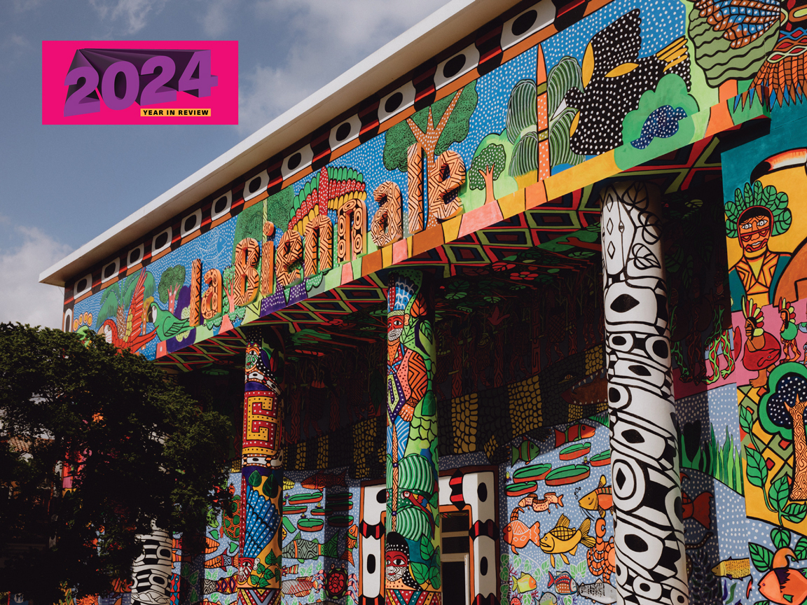 A mural by MAKHU on the façade of the Venice Biennale's Central Pavilion. MAKHU (Movimento dos Artistas Huni Kuin) or the Huni Kuin Artists Movement, painted the story of kapewë pukeni (the alligator bridge). The organization was founded in Kaxinawá (Huni Kuin) Indigenous Territory, Acre, in Brazil in 2013 and was among many Indigenous artists from multiple countries featured at this year's central exhibition at the Venice Biennale.