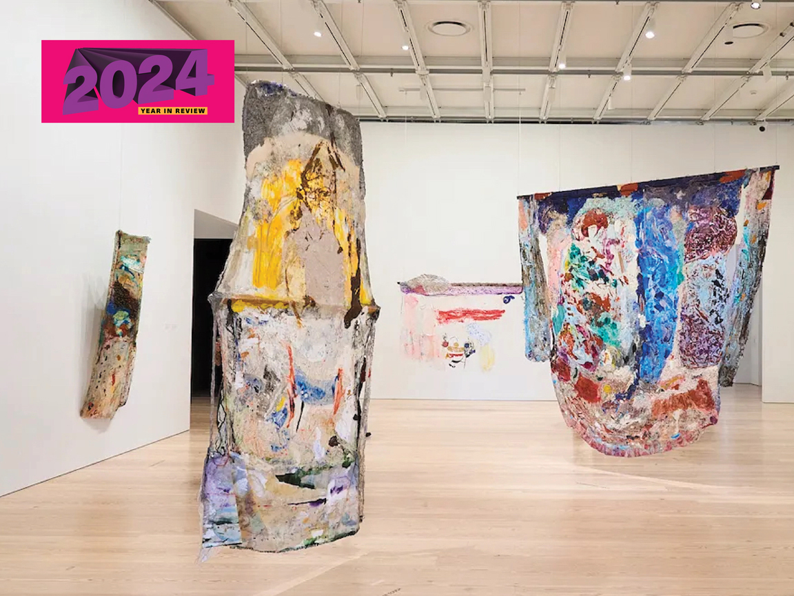 Hanging paintings composed of layers of multihued gel.