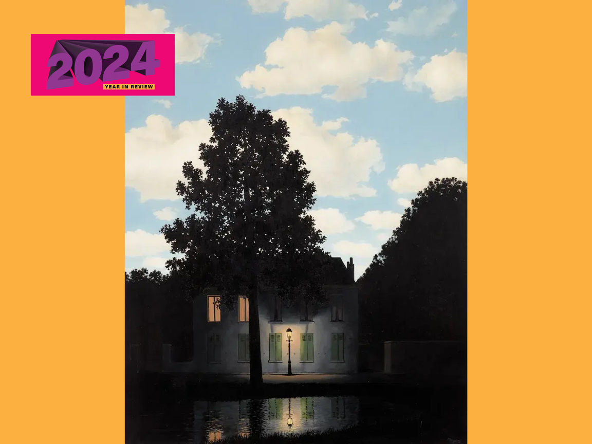 A painting depicting a house in darkness with a street lamp and blue sky above.