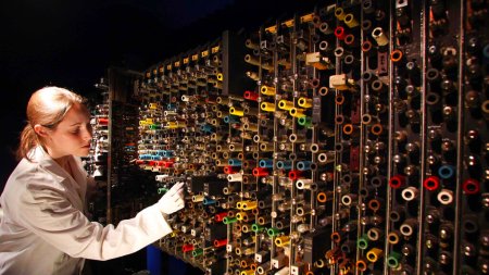 A woman in a white jacket touches one of many coils on a machine resembling a large grid.