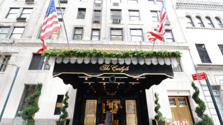 A view of the 76th Street and Madison Avenue entrance of The Carlyle Hotel in New York, NY, on November 29, 2014. According to news reports, Prince William and the Duchess of Cambridge will be staying at the Carlyle Hotel during their first visit to New York City from December 7th through the 9th, 2014. (Photo by Anthony Behar/Sipa USA)