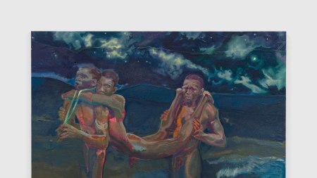 A painting of two nude Black men carrying a third one between them. They stand before a blue sea and a blue sky.