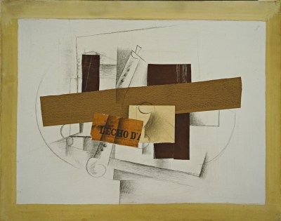 Georges Braque, Still Life with Tenora, cut-and-pasted printed and painted paper, charcoal, chalk, and pencil on gessoed canvas, 37 1/2 x 47 3/8 inches.