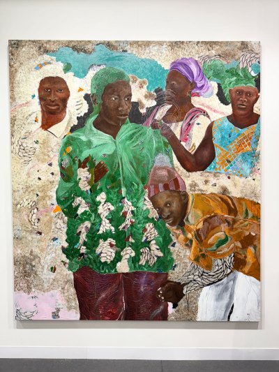 A painting showing five Black figures dressed sumptuously.