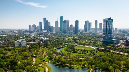 Aerial view of a park and Houston's skyline.