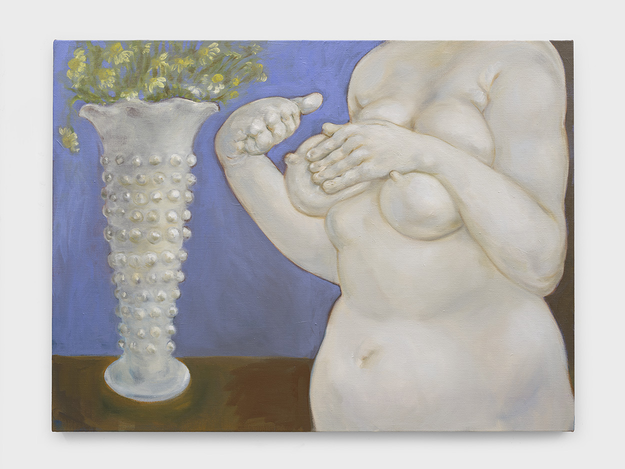 A white skinned plump figure awkwardly holds one breast. On a table behind her, a vase holds flowers.