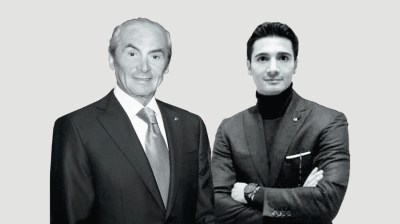 Composite black-and-white portraits of an elderly man and a younger man