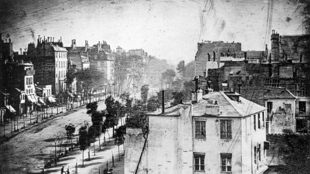 Black and white view of a 19th century Paris street