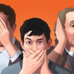 An illustration of three male art critics, one covering his eyes, another his mouth, another his ears.