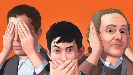 An illustration of three male art critics, one covering his eyes, another his mouth, another his ears.