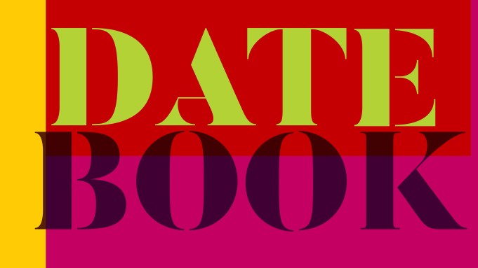 a bold red, pink, and yellow graphic with the words "date" and "book" stacked on top of each other