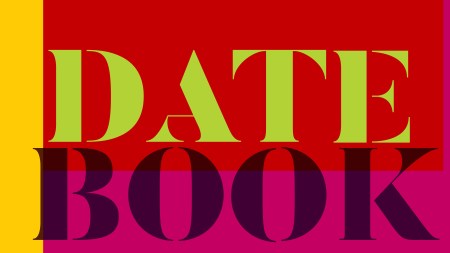 a bold red, pink, and yellow graphic with the words "date" and "book" stacked on top of each other
