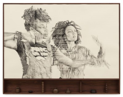 A drawing of two young Black girls over text and music score. The drawing has a wooden frame with a shelf in the bottom. 