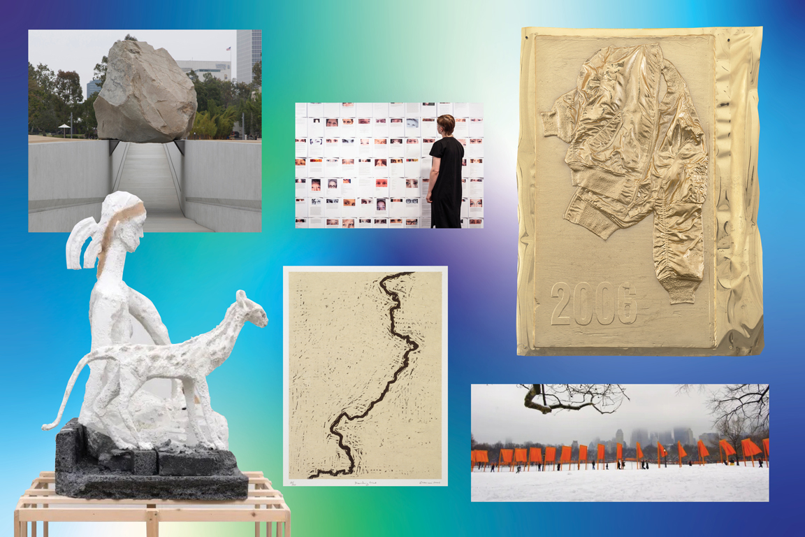 A group of artworks superimposed on a blue gradient.