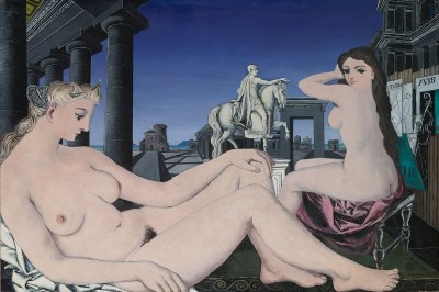 A painting of two naked women in front of a Greek-style statue and buildings.