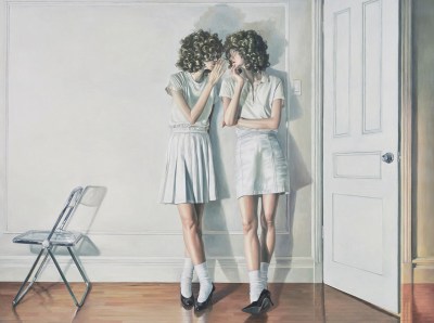 A painting of twins whispering to each other. They are framed by a plastic folding chair and an ajar door. 