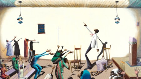 A painting shows a church full of stylized figures; the tallest standing figure points toward the sky, and others bend down in lively response.