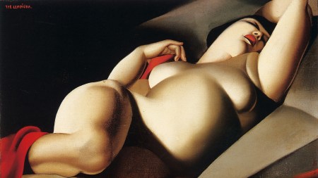 A painting of a very smooth and voluptuous nude woman lounging as if in ecstacy.