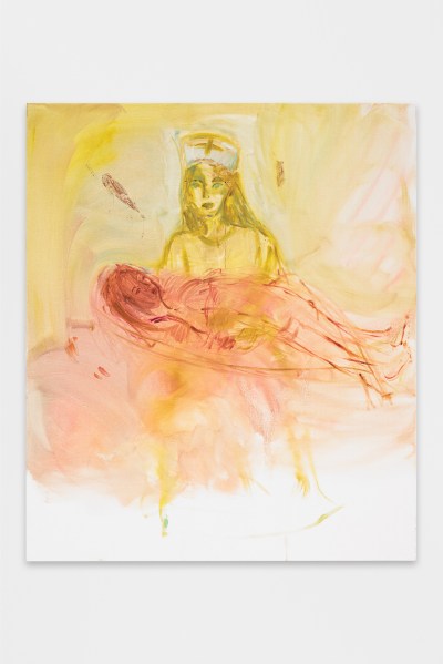 A painting in yellow and red of a female nurse holding a body lying sideways.