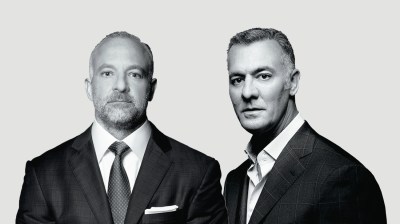 Composite black-and-white portraits of two middle-aged white men