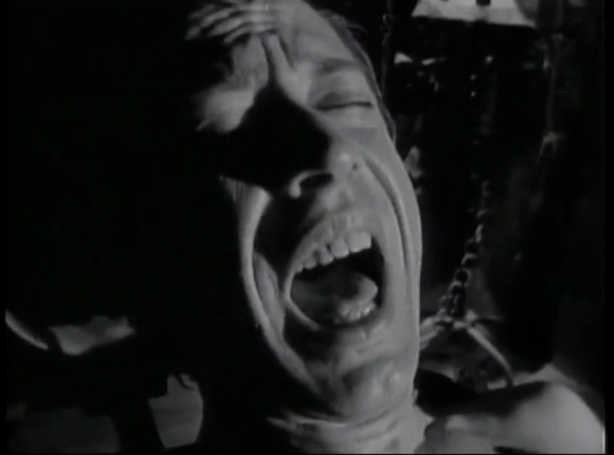 A black and white up close photo of a white man screaming in agony or orgasm.