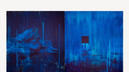 A semi-abstract diptych painting that is mostly blue with streaks of text in it. At left, a woman's face is embedded into an icy mountain.