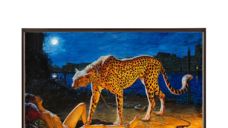 A painting of a cheetah on a leash approaching a nude woman lounging on a fur coat on the ground. Teh woman and cat are dramatically lit with an orange glow as a blue Venetian sky and canal contrasts behind them.