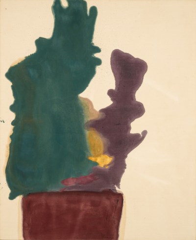 An abstract painting dominated by a green shape and purple shape above a maroon block.