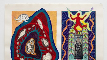 Colorful dyptich. On the left, a figure in the fetal position surrounded by cocoon-person hybrids nad a patterned orb. On the right, Two angels in a stained-glass window-like composition.