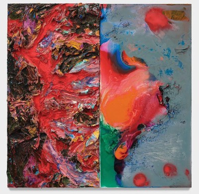 An abstract painting that is a diptych of two different styles. At left is a lot of pushed together clumps of paint and at right is more smooth paint on a gray background. 
