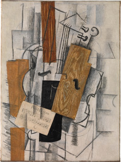 Georges Braque, Violin and Sheet Music: “Petit Oiseau”, early 1913, oil and charcoal on canvas, 28 x 20 1/2 inches.