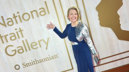 A woman in a dress next to the logo for the National Portrait Gallery.