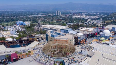 UNIVERSAL CITY, CA - APRIL 28: Drone images of Universal Studios Hollywood and empty parking lots on Tuesday, April 28, 2020 in Universal City, CA. (Brian van der Brug / Los Angeles Times via Getty Images)