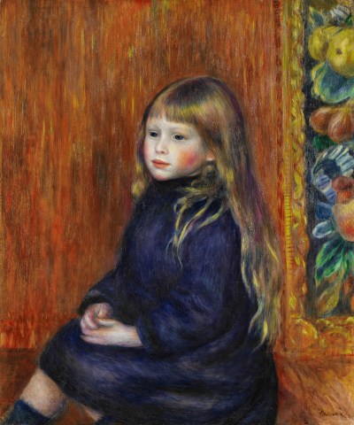 A painting of a young boy with long hair.