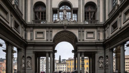 View of the Uffizi Museum courtyard, 2024, Florence, Italy.