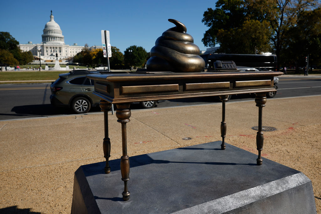 WASHINGTON, DC - OCTOBER 24: A satirical art installation that "honors" those who participated in the Jan 6, 2021 riot at the U.S. Capitol is seen on the National Mall in on October 24, 2024 in Washington, DC. The temporary art installation depicts an emoji-style poop on top of then-Speaker of the House Nancy Pelosi’s desk. (Photo by Kevin Dietsch/Getty Images)