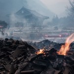A fire burning near a temple.