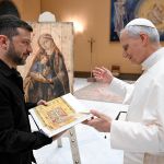 Pope Leo XIV meets with the president of Ukraine Volodymyr Zelenskyy at the end of the Inauguration Mass in St. Peter's Square on May 18, 2025 in Vatican City, Vatican.
