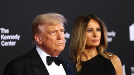 US President Donald Trump (L) and First Lady Melania Trump arrive to attend the opening night of "Les Miserables" at the Kennedy Center in Washington, DC, on June 11, 2025.  (Photo by alex wroblewski / AFP) (Photo by ALEX WROBLEWSKI/AFP via Getty Images)