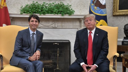 US President Donald Trump and Canadian Prime Minister Justin Trudeau look on during their meeting at the White House in Washington, DC, October 11, 2017 (Photo JIM WATSON / AFP) (Photo JIM WATSON/AFP via Getty Images)
