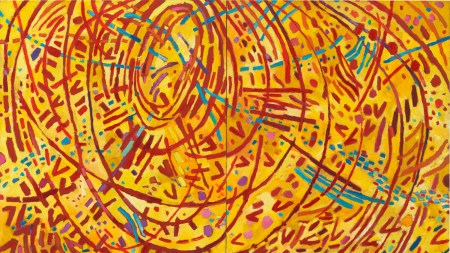 Mildred Thompson, Magnetic Fields, 1991. An abstract canvas with an orange-yellow background with radiating deep red spirals.
