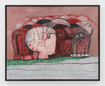 An oil painting depicting many dark red heads clustered together on a light red background.