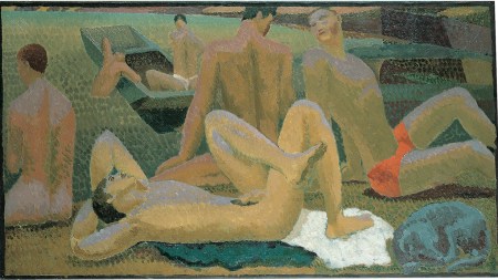 A horizontal painting in a pointilist style depicts several men sitting or reclining on the grass, nude or in bathing shorts.