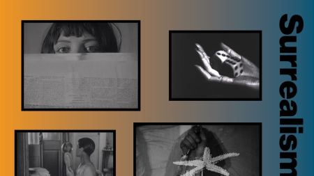 A collage of four film stills with the word 'Surrealism' going down on the right.