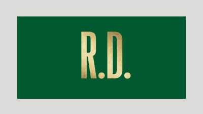 Text image of a gold 'R.D.' on a hunter green background.