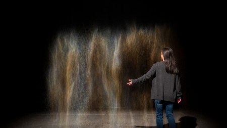 An ephemeral shape that looks like mist meets gold and silver horse hair is suspended in a dark gallery. A long-haired person stands with their back to the camera in front of the shape, showing you that it's larger than the human body.